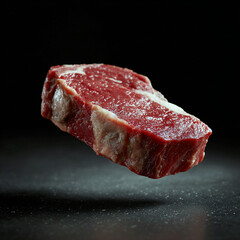 3D beef steak hovering in the air on a black background, sharp edges food illustration for restaurants and home cooking.