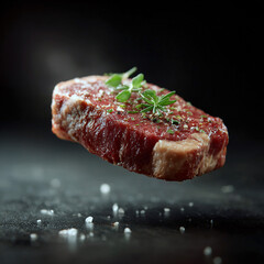 3D beef steak hovering in the air on a black background, sharp edges food illustration for restaurants and home cooking.
