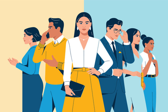 Diverse group of professionals in business attire standing confidently against a split background