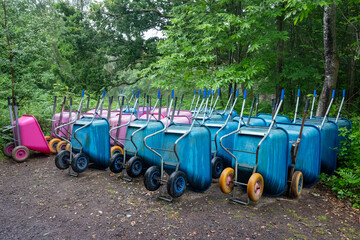many brightly blue and pink colored wheel barrows in wet forest