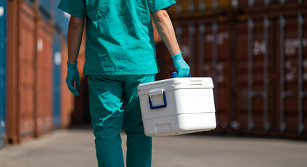 Healthcare worker with a cooler box walks in a shipping yard, indicating cold chain delivery for critical medical supplies