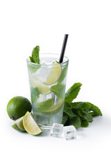 Classic Mojito Cocktail with Lime and Mint isolated on white background