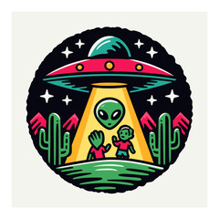 Cartoon Alien Flying in UFO Over Desert Landscape with Cacti and Stars
