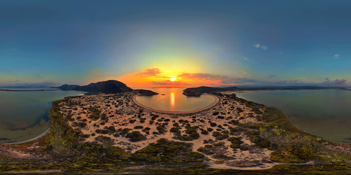 360 Panorama of a romantic sunset on the beautiful Voidokilia beach Ionian Sea, Pilos, Greece - 360x180, full spherical equirectangular panorama