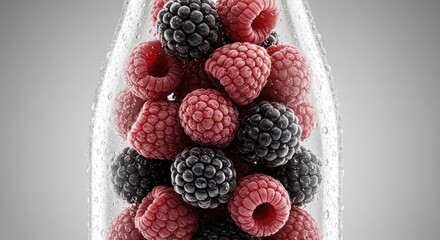 Fresh Berries in Glass Bottle with Water Droplets, Macro Shot, Healthy Food.