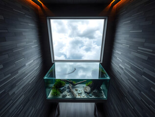 Fototapeta premium a sculptural aquascape aquarium seamlessly integrated into a minimalist modern interior