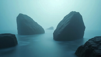 Massive rocks emerge from calm, misty waters under a serene blue haze, creating a mysterious and tranquil seascape filled with quiet solitude.