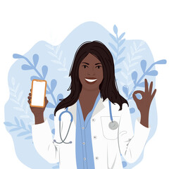 African american cardiologist shows mobile phone for consultation. Online doctor consultation. Vector illustration