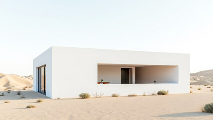 A minimalist white cube house stands isolated in a vast desert landscape, blending modern architecture with serene natural surroundings.