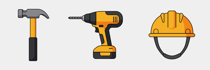 Tools of the Trade: An isolated image showing a hammer, a drill, and a construction helmet