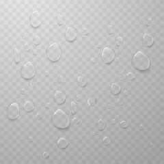 Realistic transparent water drops on clear glass surface
