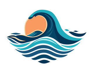 Minimalist illustration of a high wave at sunset, on a otherwise calm sea. Ideal for surfing and beach themes