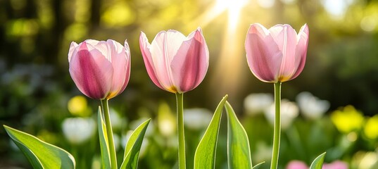 Obraz premium Vibrant Pink Tulips Blooming Beautifully Under Bright Sunlight in a Lush Green Garden Landscape