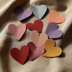 Obraz premium Colorful Heart Shapes on Soft Fabric for Creative Backgrounds