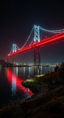 Naklejka premium Vibrant Night Lights Illuminating the Ponte Vasco da Gama Bridge in Lisbon, Portugal