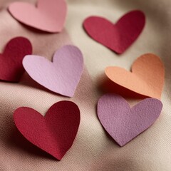 Fototapeta premium Colorful Paper Hearts on Soft Fabric Background for Romantic Themes