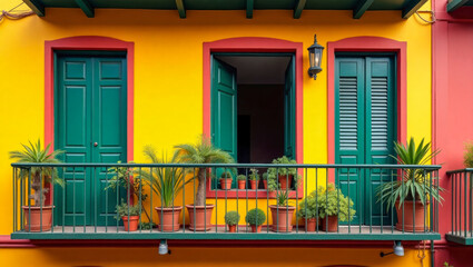 Colorful balcony with vibrant yellow walls, green doors, and potted plants in terracotta pots, creating a lively and tropical atmosphere with bold architectural contrasts.
