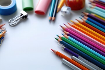 Colorful pencils and school supplies on white background