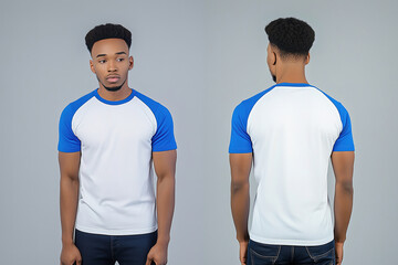 Front and back view of a man wearing a white t-shirt with blue raglan sleeves and jeans on a neutral background