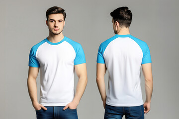 Front and back view of a man wearing a white t-shirt with blue raglan sleeves and jeans on a neutral background