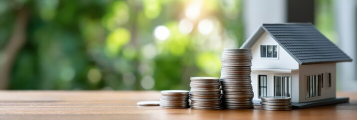 Model house with stacked coins on wooden table representing real estate investment