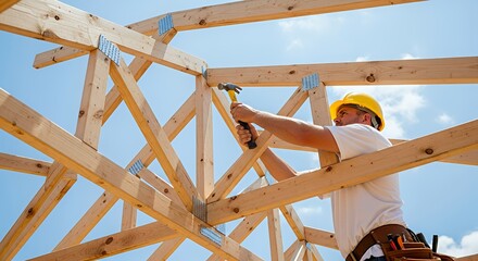 Construction Worker Framing Roof with Hammer on a Sunny Day
