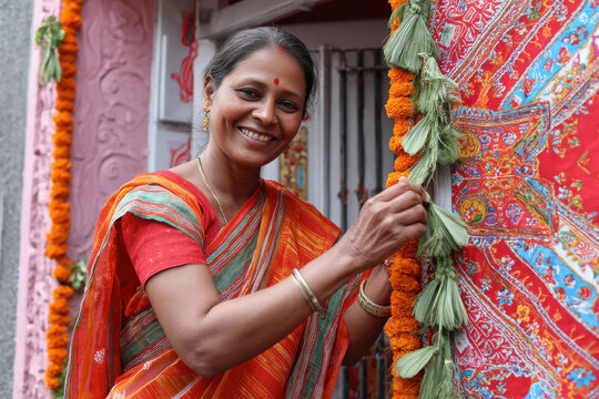 Gudi Padwa celebration in Maharashtra - Woman hoisting gudi outside decorated doorway, wearing nauvari saree