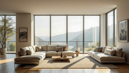 Modern living room with minimalist decor, large beige sofas, wooden floor, and panoramic windows showcasing a stunning mountain and lake view bathed in soft natural light.