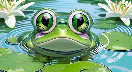 Green amphibian in natural pond water