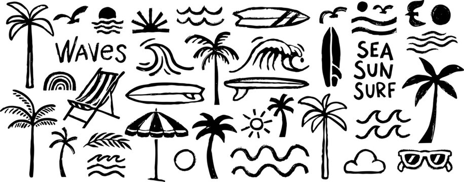 Hand-drawn doodle beach and surf icon vector set with tropical elements like palm trees, waves, surfboards, and sun. Perfect for summer designs, t-shirts, posters, and coastal design.
