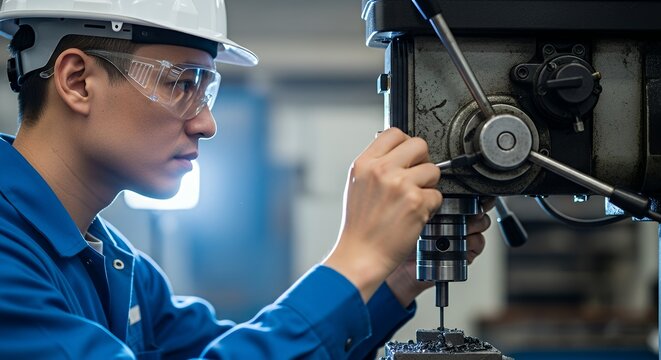 Asian Man Operating Drill Press Machine Wearing Safety Glasses and Hard Hat - Powered by Adobe