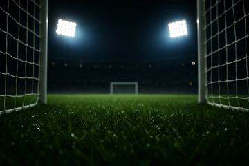 Low angle view of a wet soccer field at night with bright stadium lights
