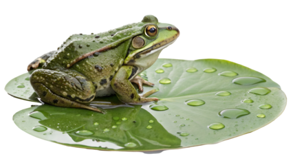 Green frog sitting on lily pad with water droplets amphibian wildlife nature photography background image