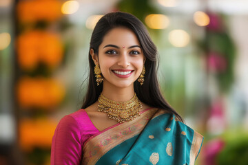 Obraz premium beautiful woman in saree and jewelry on Diwali festival