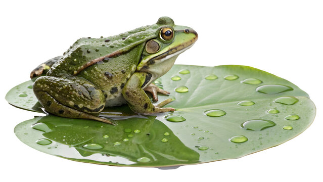 Green frog sitting on lily pad with water droplets amphibian wildlife nature photography background image