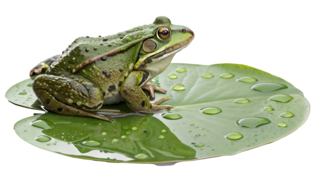 Green frog sitting on lily pad with water droplets amphibian wildlife nature photography background image