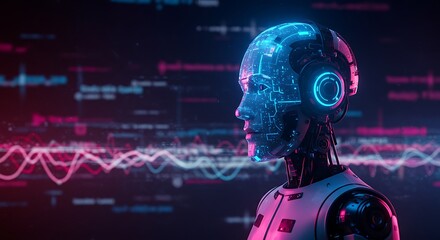 Contemplative AI robot with vibrant blue and pink lights against abstract data background.

