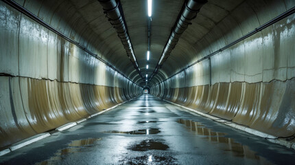 A long, dimly lit underground tunnel with wet reflective pavement, stained concrete walls, and overhead pipes creating a moody, industrial atmosphere.