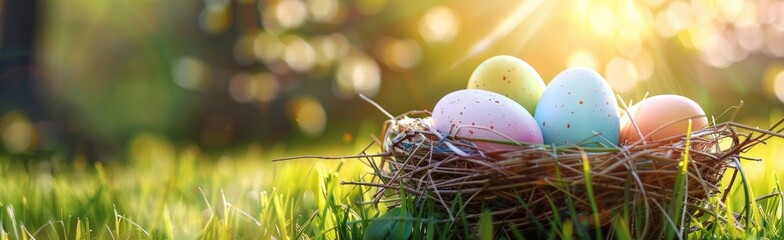 Obraz premium Colorful Easter eggs in a bird nest on a green grass meadow with a sun flare background.