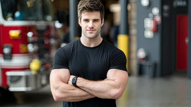 Muscular individual poses confidently in front of a fire station during daytime while wearing a fitted black shirt
