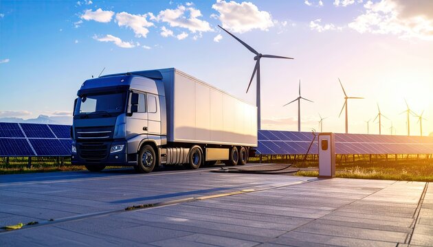 Electric truck at charging station with renewable energy