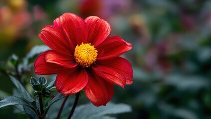 Red flower close-up in garden with colorful blooms. For nature, spring themes