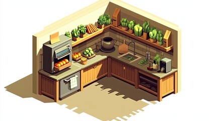 Isometric illustration of a corner kitchen with produce and herbs.