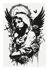 Hand Drawn Vector Illustration of Angel with Wings and Roses Design