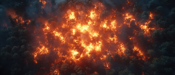 Fototapeta premium Aerial view of raging forest fire with intense flames engulfing dense trees, creating dramatic and destructive scene. bright orange and red hues contrast with dark green foliage, highlighting
