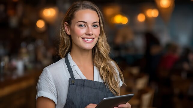 Friendly smiling waitress in apron holding a tablet in a softly lit restaurant with bokeh background