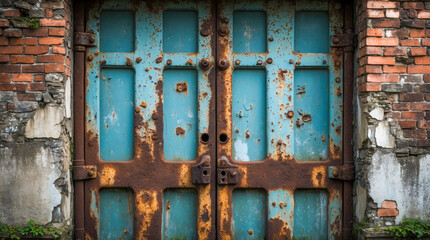 Close-up of a weathered, rusty blue metal door set in a crumbling brick and stone wall, showcasing decay, texture, and urban abandonment.