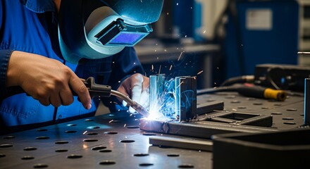 Welding Worker Joining Metal with Sparks and Protective Gear Indoors