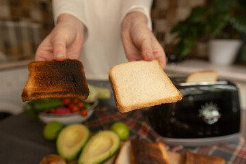 Simple solutions for a tasty morning woman uses toaster to toast bread quick and easy breakfast...