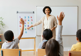 Smiling teacher engaging diverse children with numbers in classroom setting